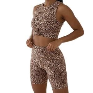 SET MARIIA Eco Bamboo Organic Cotton Animal Print Knot Crop Top Biker Short AXS